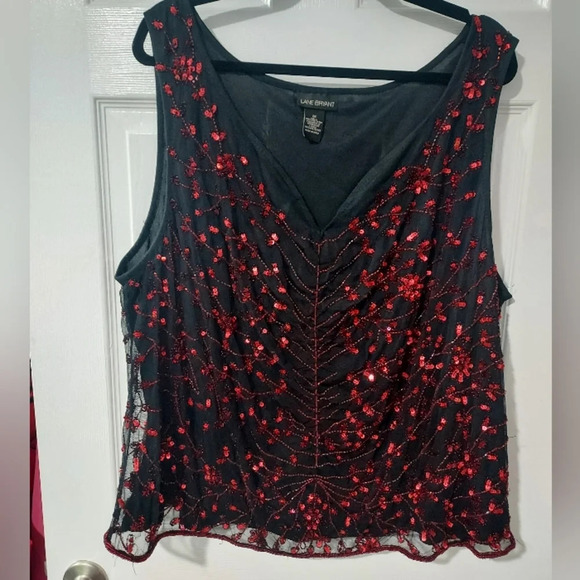 Lane Bryant Red Sequin Black Sleeveless V-Neck Blouse/Tank in Size 26 - Picture 1 of 12